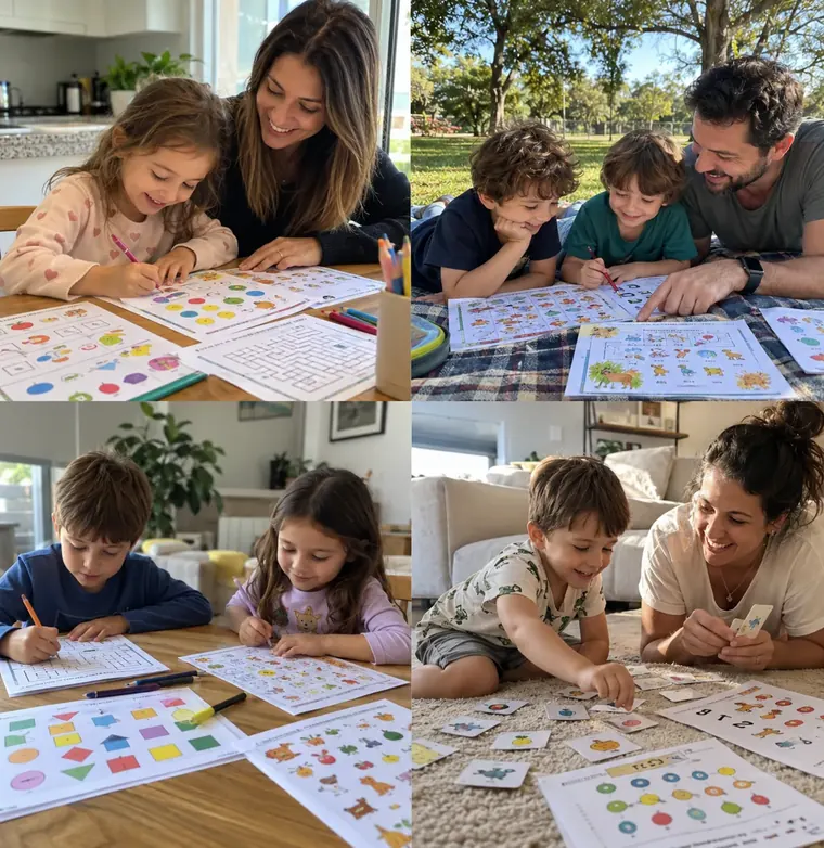 Escenas ilustrativas de familias y niños disfrutando de actividades educativas imprimibles con lápiz y papel